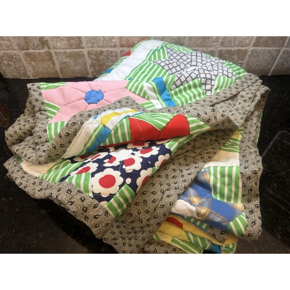VTG Handmade Patchwork Quilt Floral‎ Star Striped Pattern Boho Farmhouse 70x78